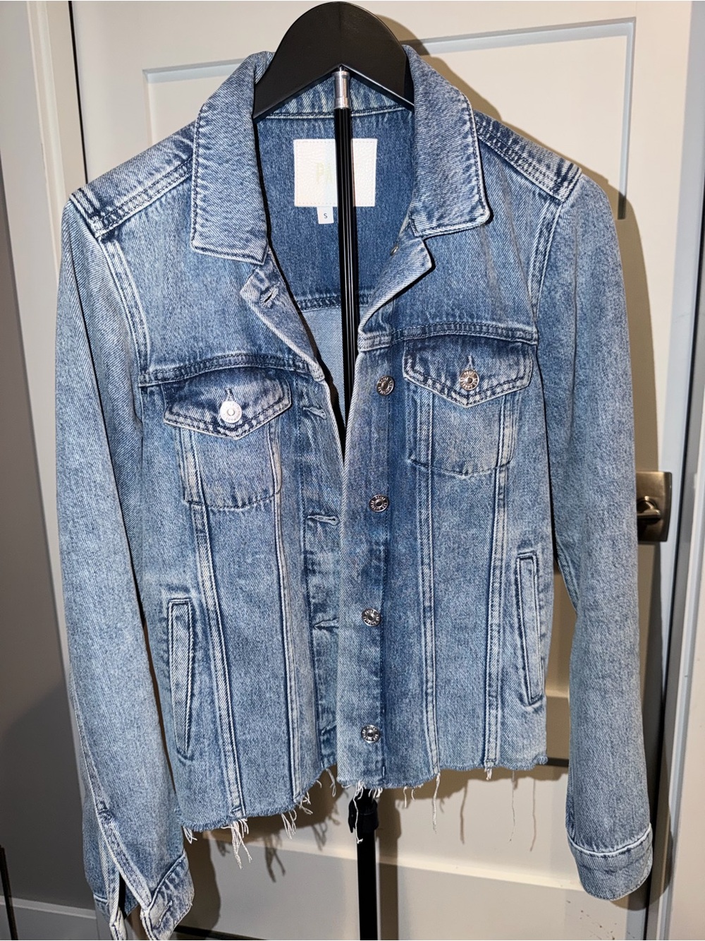 PAIGE Distressed Light Blue Denim Jacket